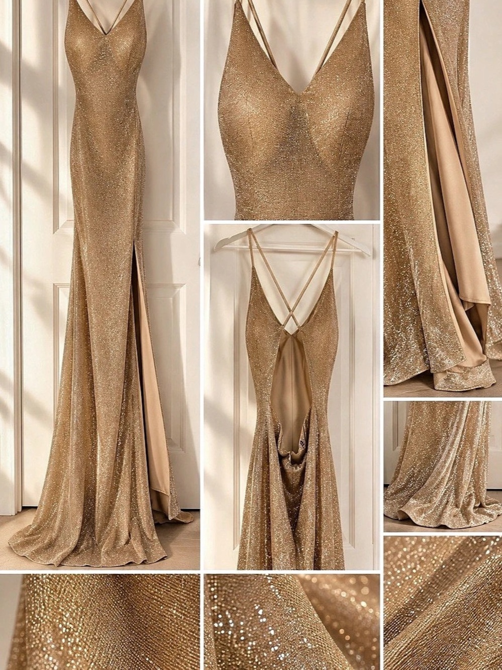 Champagne Gold Glitter Maxi Gown Open Back Slit Formal Dress